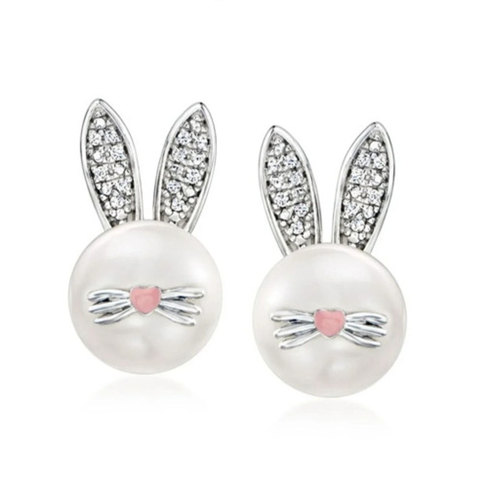 Ross-Simons Pearl Bunny Earrings, Diamond Accents, Pink Enamel, Sterling Silver